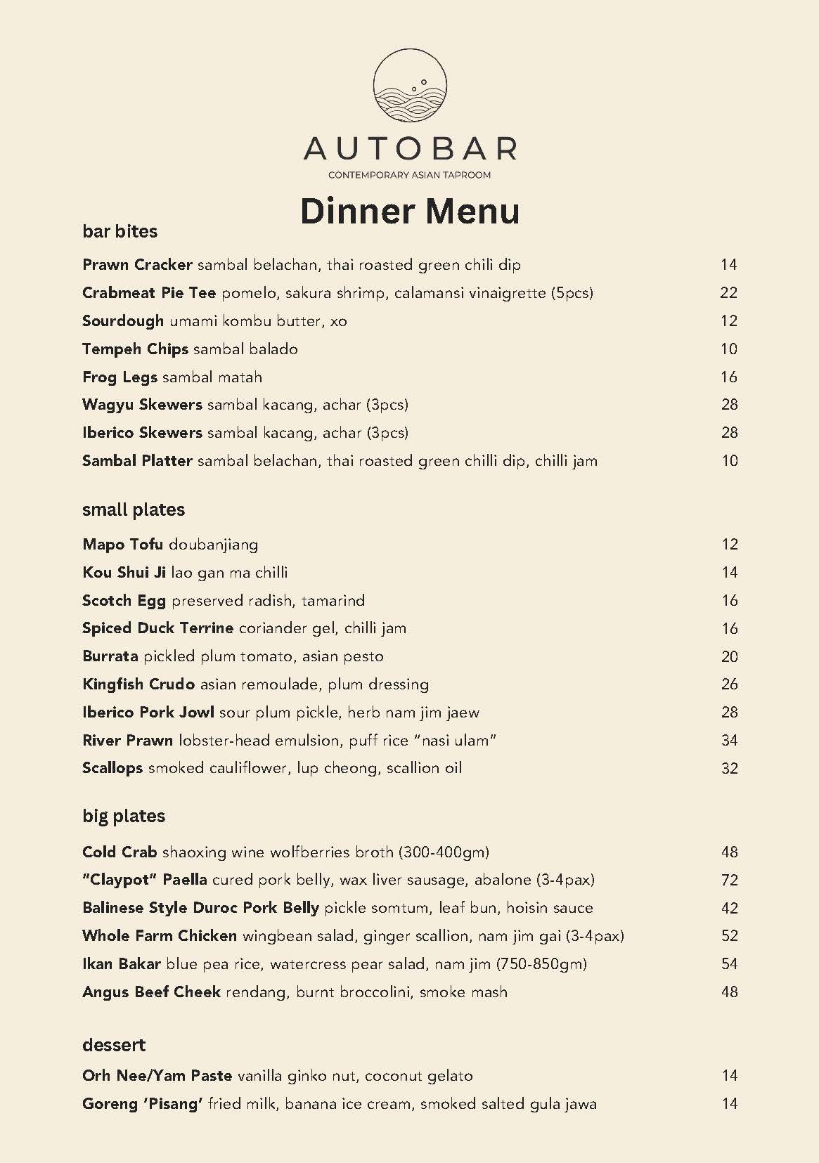 Autobar Dinner Menu 2024 Oct